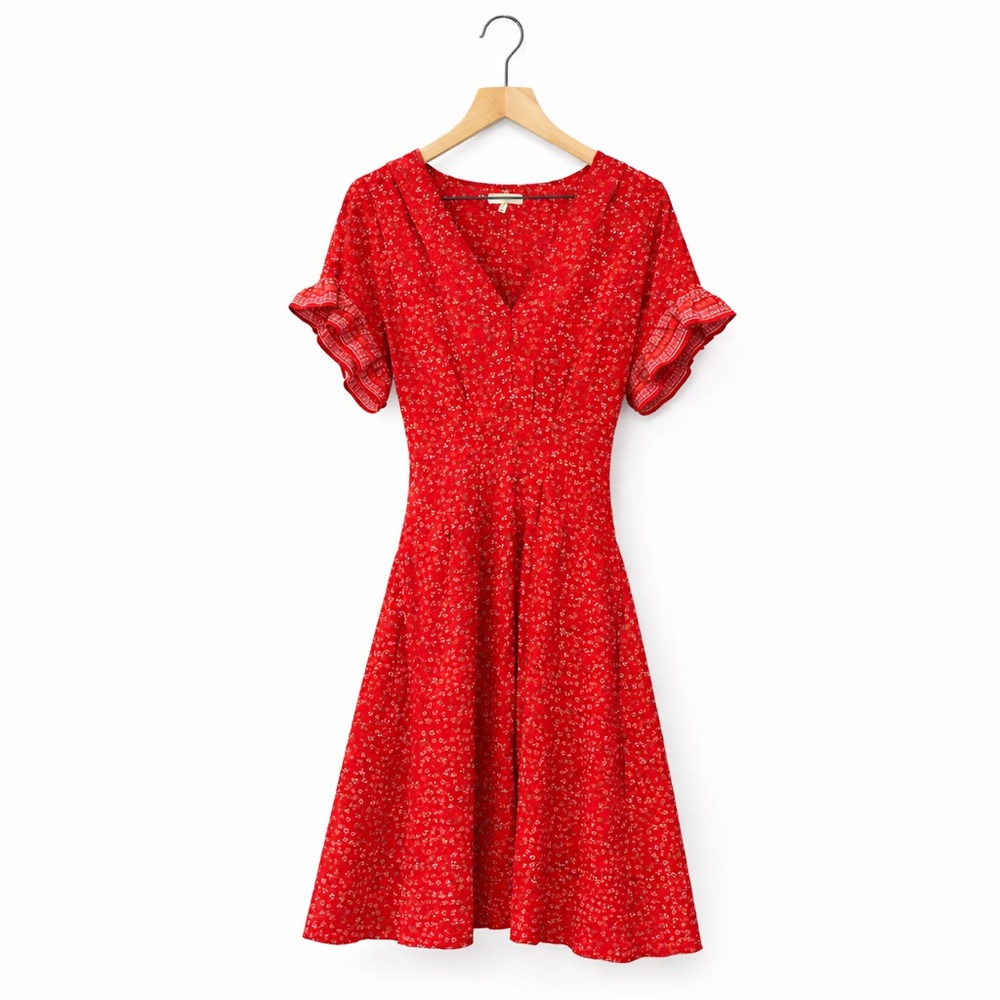 Max Studio Red Floral Dress with Ruffle sleeves and tie waist